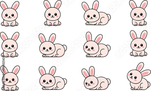 Minimalist kawaii cartoon illustration set of twelve cute pink bunny characters in 3x4 grid on white background