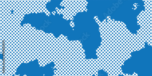 Elegant blue continents emerge from a dotted grid with soft blue tones, refined dot placement and minimal composition, background illustration