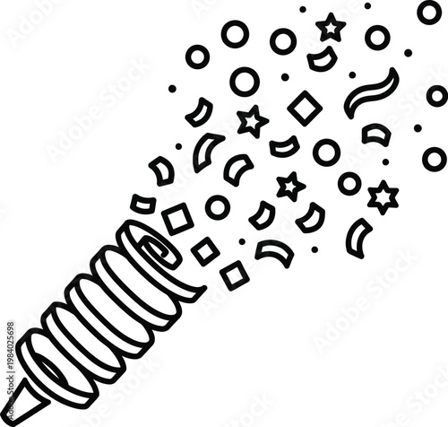 A black and white illustration of a festive party popper exploding with confetti