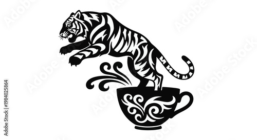 Dynamic tiger leaping from a decorative teacup, symbolizing energy and tradition.