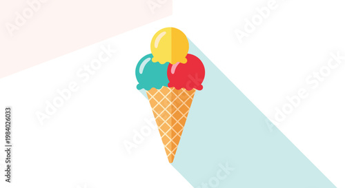 Delicious ice cream cone with three colorful scoops of strawberry, lemon, and mint flavors for a summer treat concept.