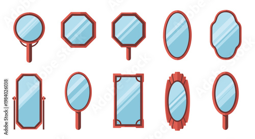 Various mirror designs with different shapes and frames including round, oval, rectangular, and ornate styles for interior decor.