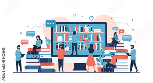 Digital library concept showing people reading and organizing books on a giant computer monitor bookshelf for online education.