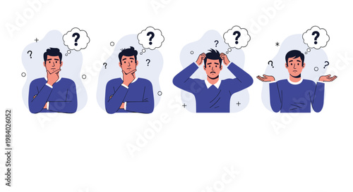 Character set of a young man in various poses expressing thinking, confusion, and uncertainty with question mark icons.