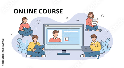 Diverse group of students participating in an online course through a computer screen for remote learning and education.