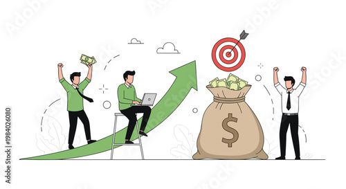 Successful business team celebrating financial growth and profit represented by a large money bag and a rising green arrow.