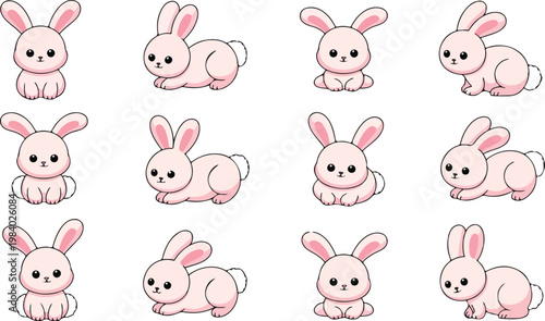 Minimalist kawaii cartoon illustration set of twelve cute pink bunny characters in 3x4 grid on white background