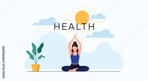 Woman practicing yoga for health and wellness in a peaceful nature setting with a bright sun and clouds background.