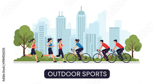 People engaging in outdoor sports like running and cycling on a pathway with a modern city skyline and green park in the background.