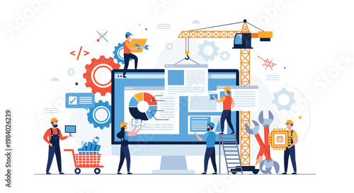 Diverse team of developers and engineers working together to build a complex website interface on a large computer monitor screen.