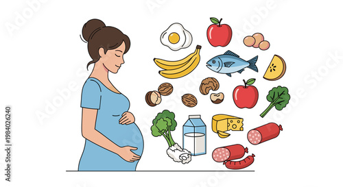 Smiling pregnant woman standing next to various healthy food options like fruits vegetables nuts and dairy for a balanced prenatal diet.