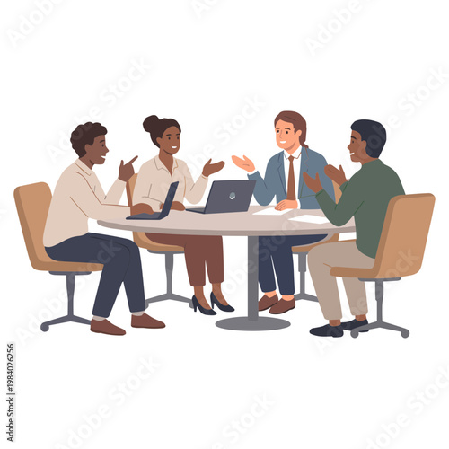 Four people discuss and interact around a table with a laptop