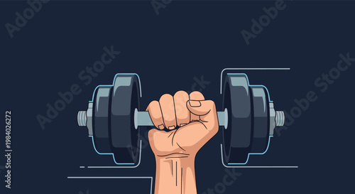 Strong human hand firmly gripping a heavy black dumbbell against a dark blue background to represent strength fitness and weightlifting.