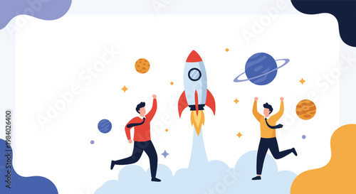 Successful business professionals celebrating a rocket launch in outer space among planets and stars symbolizing a booming startup company.