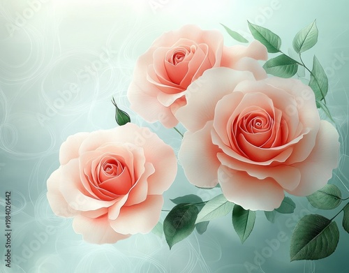 three peach roses with green leaves and a bud on a soft teal swirled background conveying delicate romantic serenity