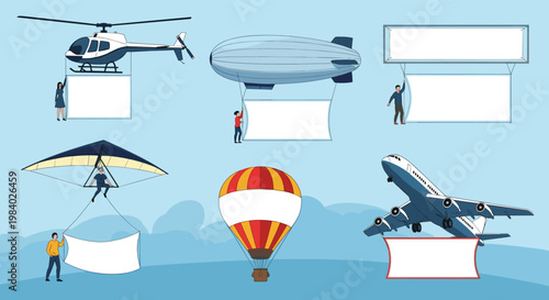 Collection of aircraft including a helicopter airplane and blimp carrying blank advertising banners across the sky.
