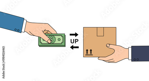 Hand exchanging cash for a cardboard box package representing a retail transaction or delivery service payment.