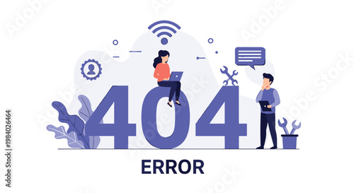 Website 404 error page illustration featuring people working on computer repairs and technical maintenance tasks.