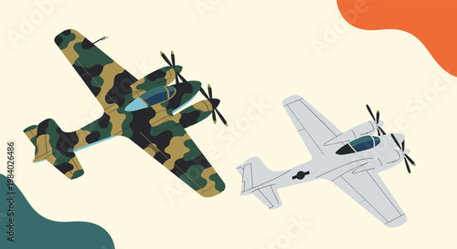 Two vintage military aircraft flying through the air including a camouflaged propeller plane on a patterned background.