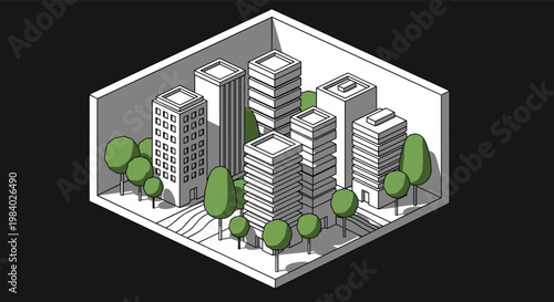 Isometric 3D city block model featuring multiple skyscrapers and green trees on a dark background for urban design.