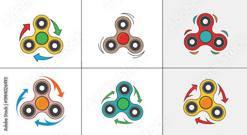 Diverse collection of colorful fidget spinner toys in various designs and styles shown in six separate panels.