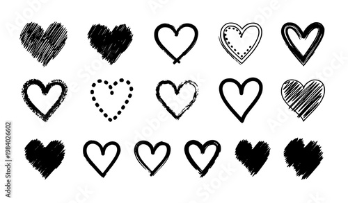 Hand Drawn Black Heart Vector Set with Sketch Scribble and Brush Stroke Love Symbols Collection