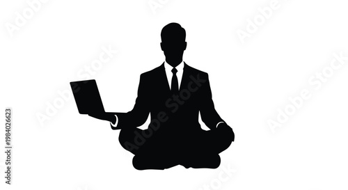 Silhouette of a businessman in a suit meditating with a laptop, finding balance and focus