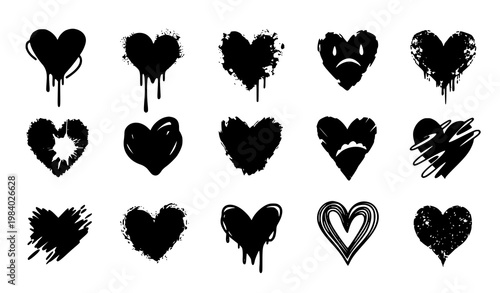 Artistic Black Heart Vector Collection with Grunge Ink Drip Brush and Doodle Love Elements