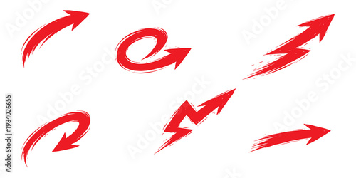 Tableau sur toile Six dynamic red arrows with motion blur and curved shapes on a white background