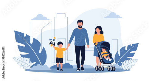 Happy family with two young children and a baby stroller taking a walk through a city park area with large leaves.