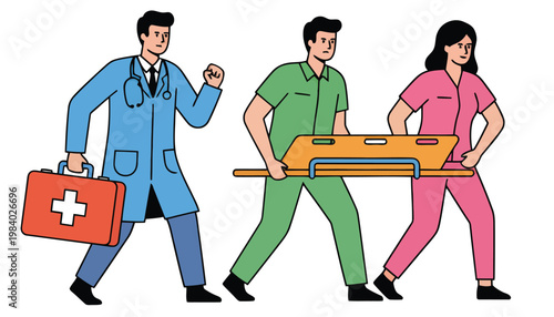 Medical Team, Stretcher, First Aid isolated on White Background