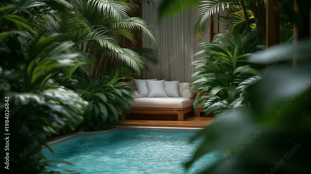 Fototapeta premium Lush green leaves frame a tranquil pool