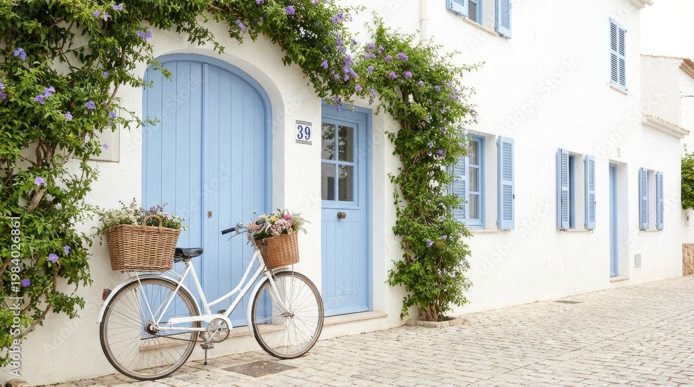 Fototapeta premium A charming scene of a white house with blue doors, shutters, and a bicycle with a basket of flowers parked in front