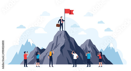 Successful businessman standing on a mountain peak with a flag as a crowd below documents his achievement with photos.