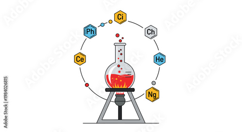Scientific lab experiment with a glass flask on a burner surrounded by floating chemical element icons for research.