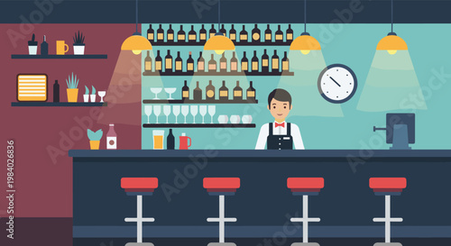 Friendly bartender in a waistcoat and bow tie standing behind a stylish bar counter with bottles and stools.