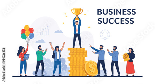 Successful businessman holding a trophy on a pile of gold coins while people celebrate his victory in a professional setting.