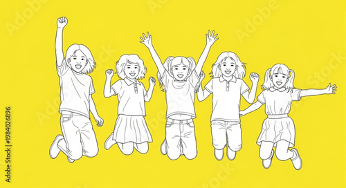 Joyful Children Jumping High in the Air on a Yellow Background.