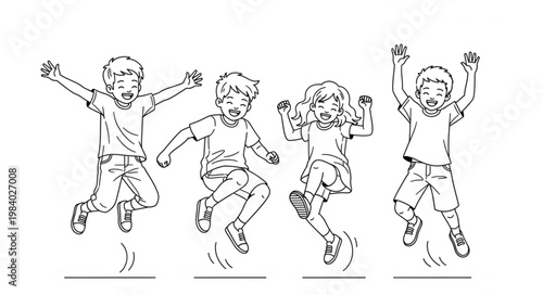 Joyful Children Jumping in Celebration, Line Art Illustration.