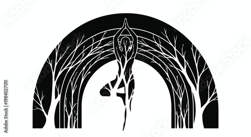 Graceful dancer in tree pose framed by stylized branches and arch