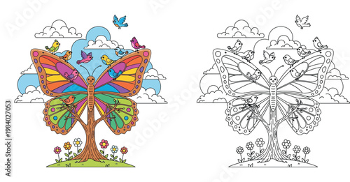 Butterfly Tree Illustration with Birds and Flowers, Coloring Page for Kids and Adults, Nature and Wildlife Cartoon Design Template