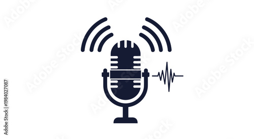 Classic radio microphone icon with signal waves and sound frequency lines representing broadcasting, podcasting, and audio.
