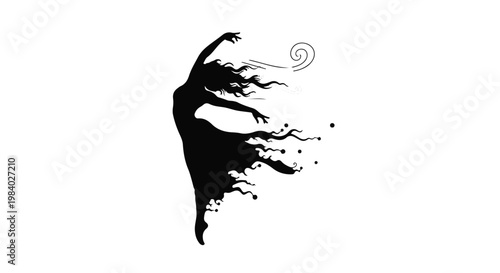 Silhouette of a dancer transforming into swirling energy and abstract particles.
