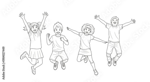 Joyful Children Jumping in Mid-Air, Sketch Style.