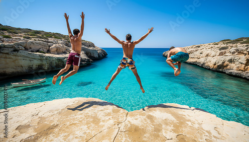 Friends jumping into clear blue sea from cliff