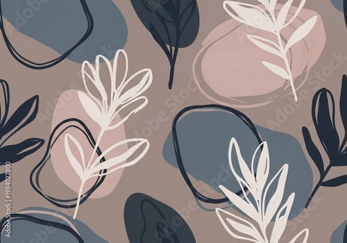 Seamless Abstract Botanical Pattern with Organic Shapes and Hand-Drawn Floral Elements in Muted Earthy Tones