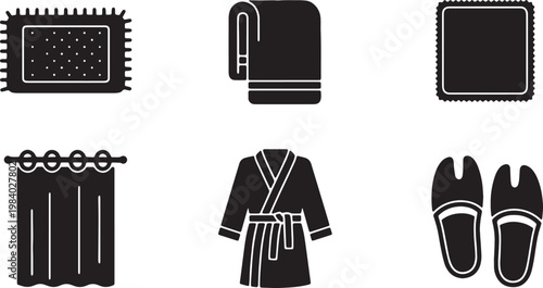Black Solid Bathroom Textile Silhouettes Set of Six on White Background