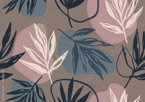 Seamless Abstract Botanical Pattern with Organic Shapes and Hand-Drawn Floral Elements in Muted Earthy Tones