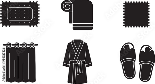 Black Solid Bathroom Textile Silhouettes Set of Six on White Background