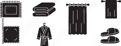 Black Solid Bathroom Textile Silhouettes Set of Six on White Background